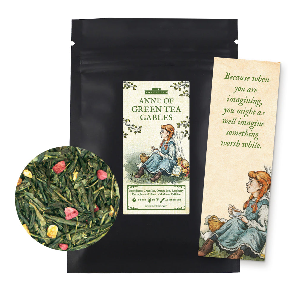 A pouch of tea with an image on the top. The image is an illustration of red haired little girl with plaits. A bookmark with the same illustration is next to the tea pouch.